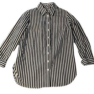 Talbots Button Up Shirt Long Sleeve V -Neck Black White Strips